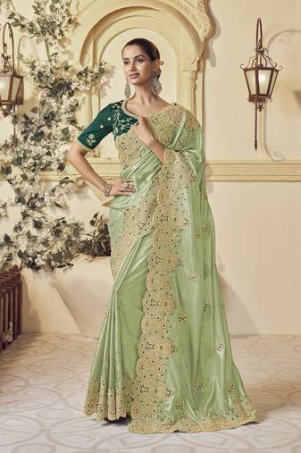 Pista georgette party wear embroidered saree with blouse fabric 