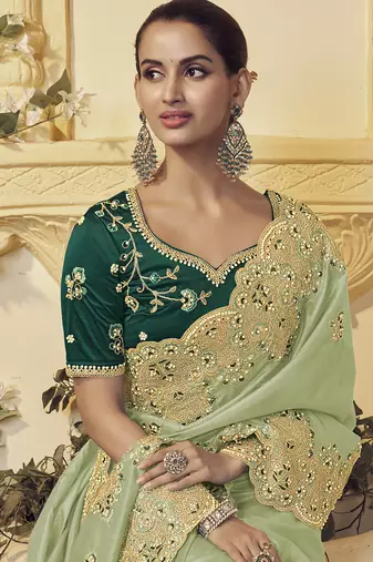 Pista georgette party wear embroidered saree with blouse fabric 