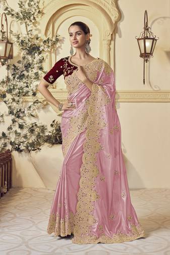 Pink georgette party wear embroidered saree with blouse fabric 