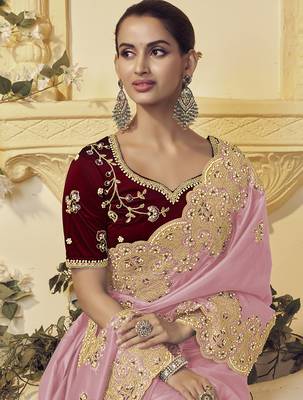 Pink georgette party wear embroidered saree with blouse fabric  2