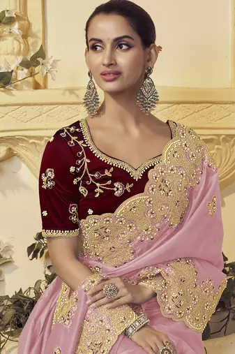 Pink georgette party wear embroidered saree with blouse fabric 