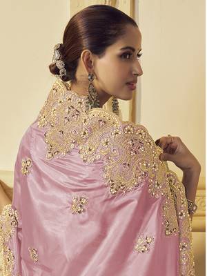 Pink georgette party wear embroidered saree with blouse fabric  3