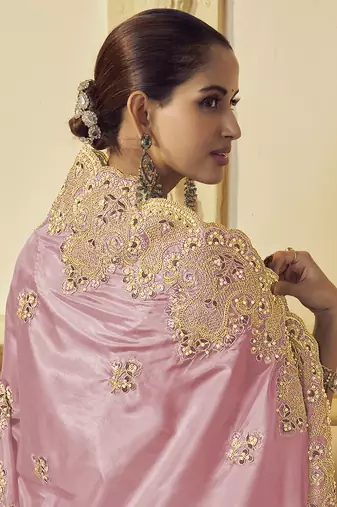 Pink georgette party wear embroidered saree with blouse fabric 