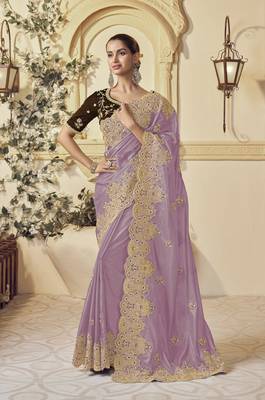 Lavender georgette party wear embroidered saree with blouse fabric  1