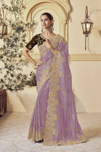 Lavender georgette party wear embroidered saree with blouse fabric 