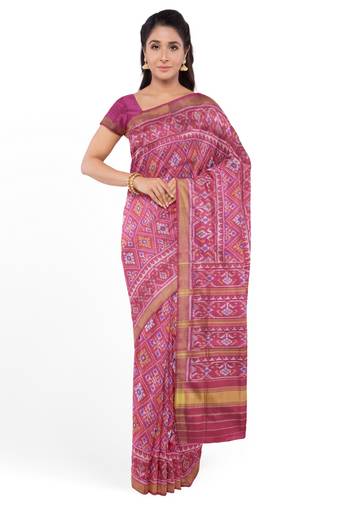 Pink mulberry pure silk single ikkat  saree