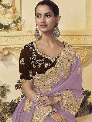 Lavender georgette party wear embroidered saree with blouse fabric  2