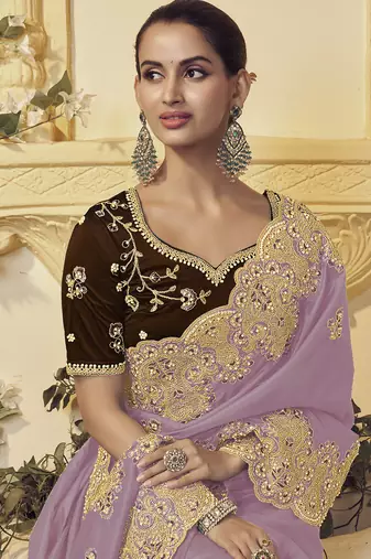 Lavender georgette party wear embroidered saree with blouse fabric 