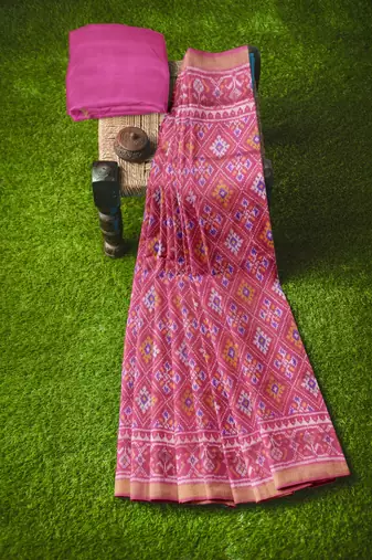 Pink mulberry pure silk single ikkat  saree