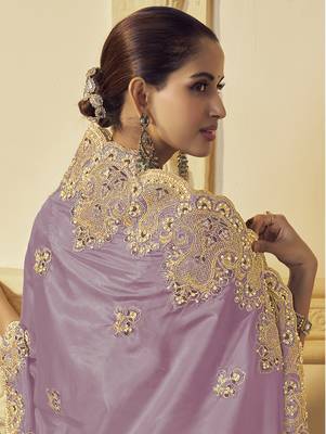Lavender georgette party wear embroidered saree with blouse fabric  3