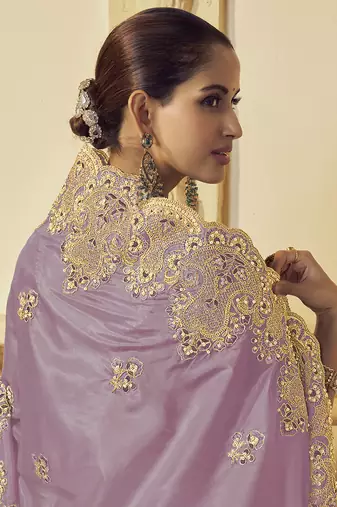 Lavender georgette party wear embroidered saree with blouse fabric 