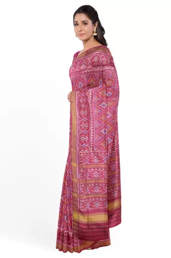 Pink mulberry pure silk single ikkat  saree