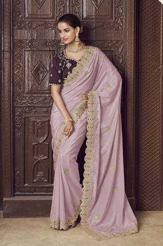 Lavender crepe party wear embroidered saree with blouse fabric 