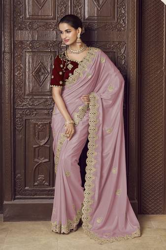 Pink crepe party wear embroidered saree with blouse fabric 