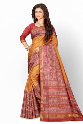 Red and yellow mulberry pure silk single ikkat  saree 1