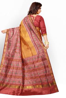 Red and yellow mulberry pure silk single ikkat  saree 2