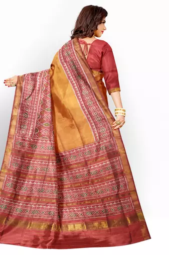 Red and yellow mulberry pure silk single ikkat  saree