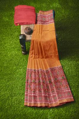 Red and yellow mulberry pure silk single ikkat  saree 3
