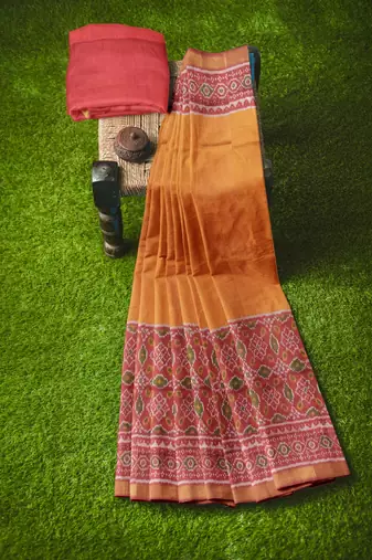 Red and yellow mulberry pure silk single ikkat  saree