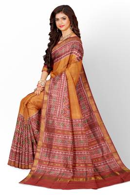 Red and yellow mulberry pure silk single ikkat  saree 4