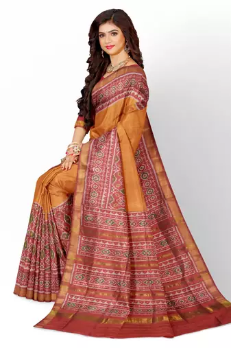 Red and yellow mulberry pure silk single ikkat  saree