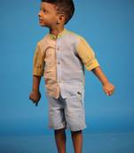 Blue hand woven cotton shirt with green and pink hues For Kids
