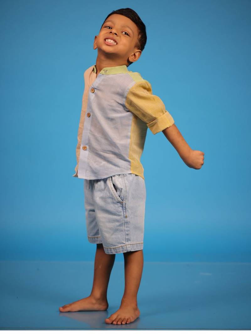 Blue hand woven cotton shirt with green and pink hues For Kids