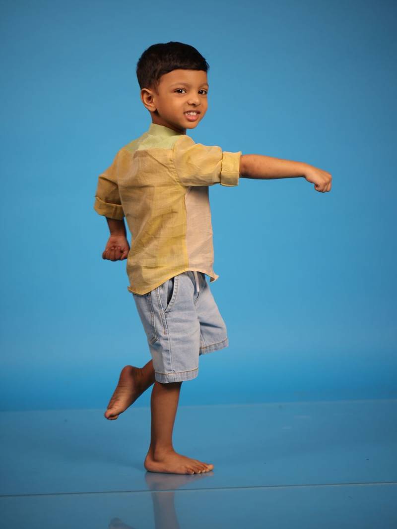 Blue hand woven cotton shirt with green and pink hues For Kids