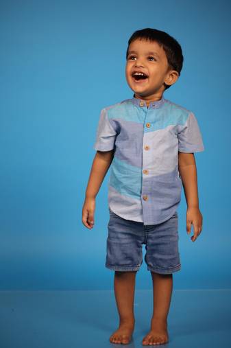 Blue hand woven casual and sporty half-sleeve shirt For Kids