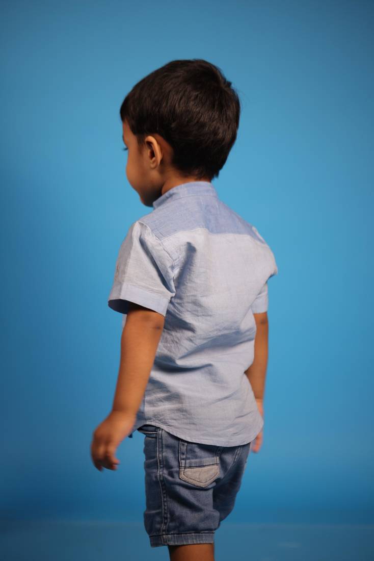 Blue hand woven casual and sporty half-sleeve shirt For Kids