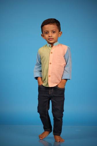 Yellow hand woven shirt with blue and pink hues For Kids