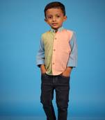 Yellow hand woven shirt with blue and pink hues For Kids