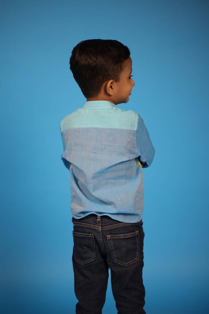 Yellow hand woven shirt with blue and pink hues For Kids