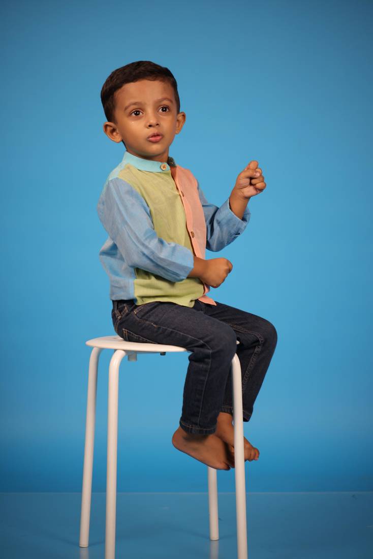 Yellow hand woven shirt with blue and pink hues For Kids