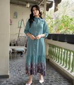 blue georgette floral printed gathered dress with ruffles