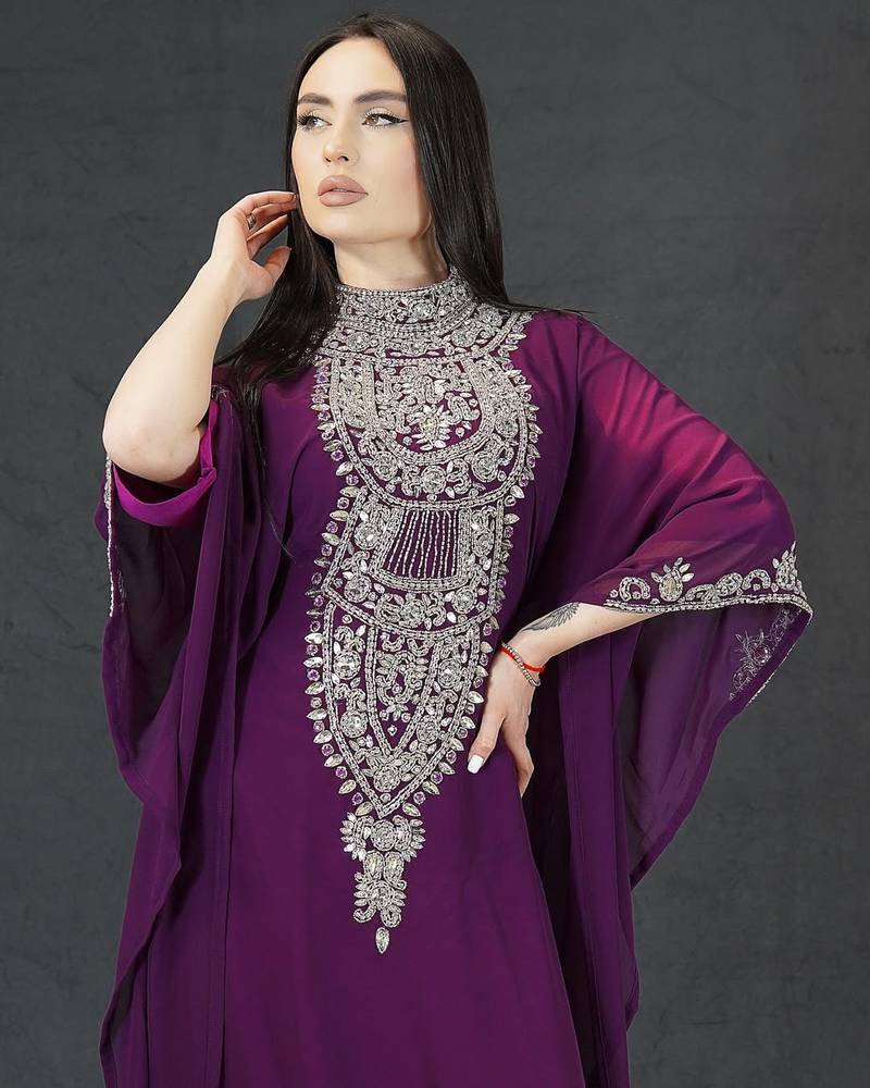 Purple Moroccan Dubai Kaftans Farasha Abaya Dress Very Fancy Long Gown 