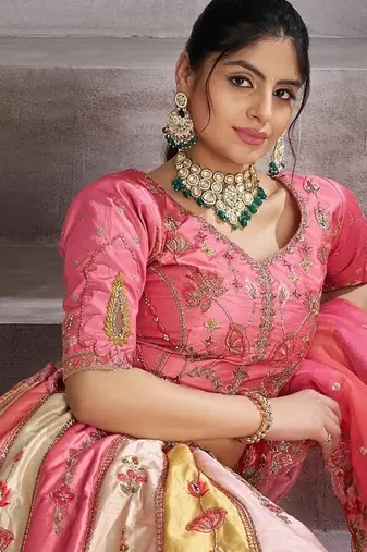 Pink Thread and moti Embrodiered Banarasi Silk Lehenga with Unstiched Blouse