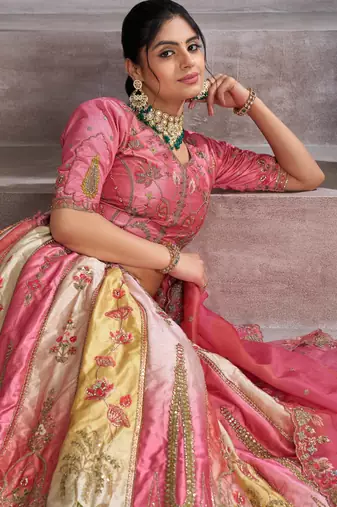 Pink Thread and moti Embrodiered Banarasi Silk Lehenga with Unstiched Blouse