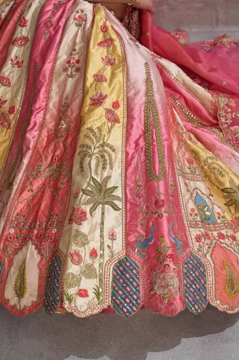 Pink Thread and moti Embrodiered Banarasi Silk Lehenga with Unstiched Blouse