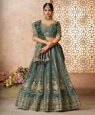 Green Banarasi Patches & Zari Net & Tissue lehenga with Unstiched Lehenga 1