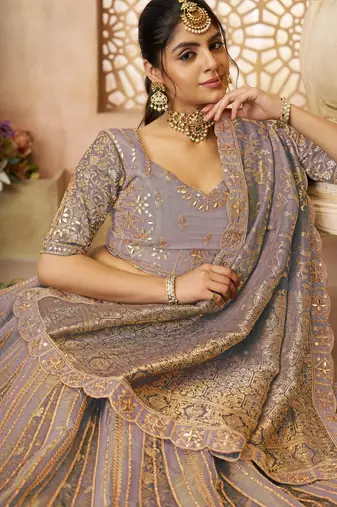 Onion Banarasi Patches & Zari Net & Tissue lehenga with Unstiched Lehenga
