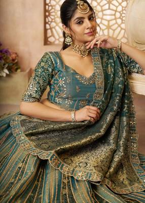 Green Banarasi Patches & Zari Net & Tissue lehenga with Unstiched Lehenga 2