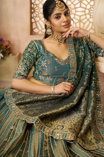 Green Banarasi Patches & Zari Net & Tissue lehenga with Unstiched Lehenga