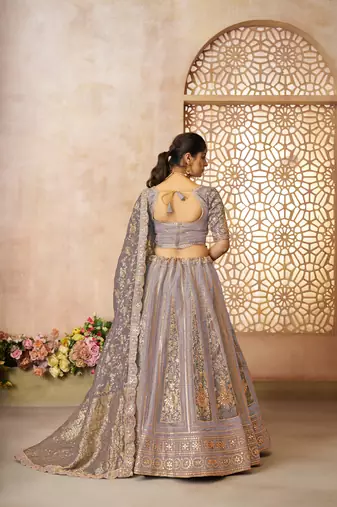 Onion Banarasi Patches & Zari Net & Tissue lehenga with Unstiched Lehenga