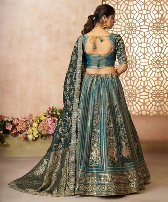 Green Banarasi Patches & Zari Net & Tissue lehenga with Unstiched Lehenga 3