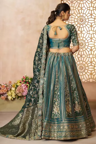 Green Banarasi Patches & Zari Net & Tissue lehenga with Unstiched Lehenga