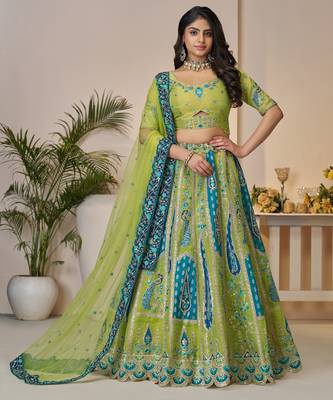 Green Embroidery with Sequin, stone work and sitara embellishments Silk Lehenga with unstiched Blouse 1