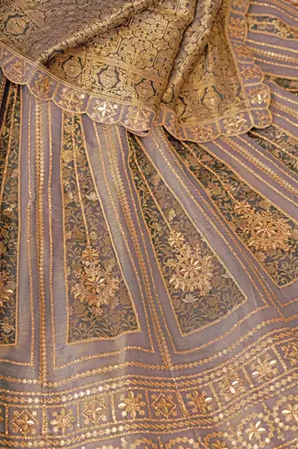 Onion Banarasi Patches & Zari Net & Tissue lehenga with Unstiched Lehenga