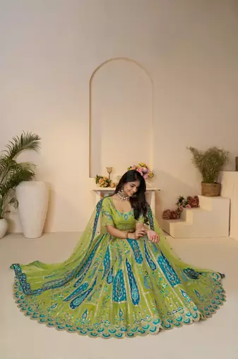 Green Embroidery with Sequin, stone work and sitara embellishments Silk Lehenga with unstiched Blouse