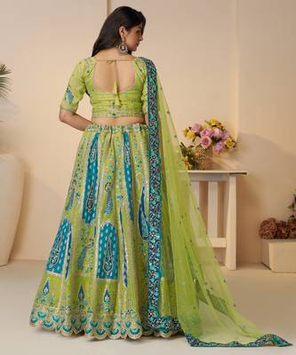 Green Embroidery with Sequin, stone work and sitara embellishments Silk Lehenga with unstiched Blouse 4
